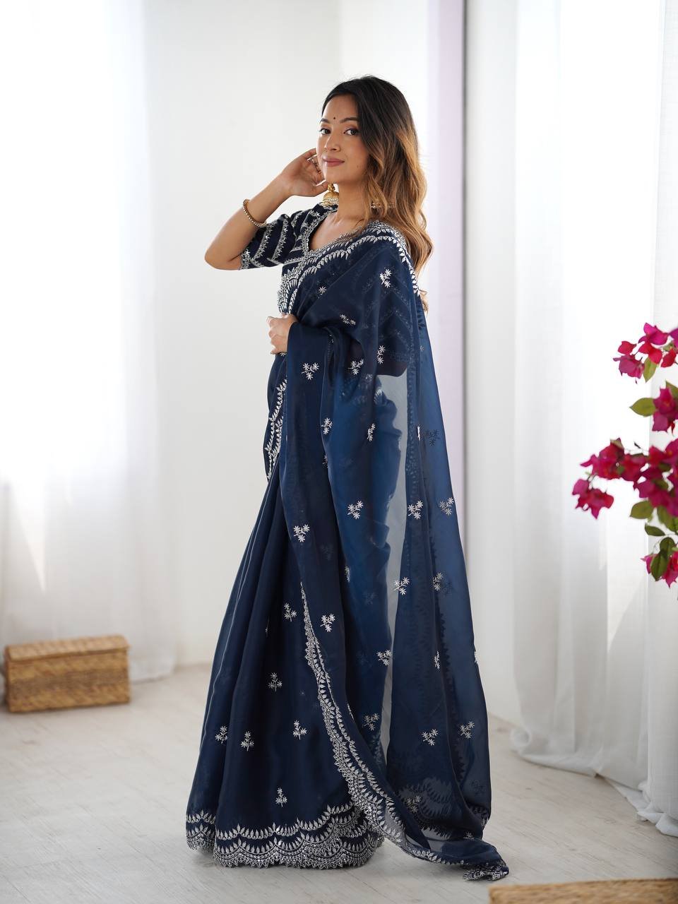 Women's Elegant Regal Purple Georgette Saree with Intricate Silver Thread & Sequin Embroidery – Complete with Embellished Blouse Piece for Festive & Party Wear - Image 13