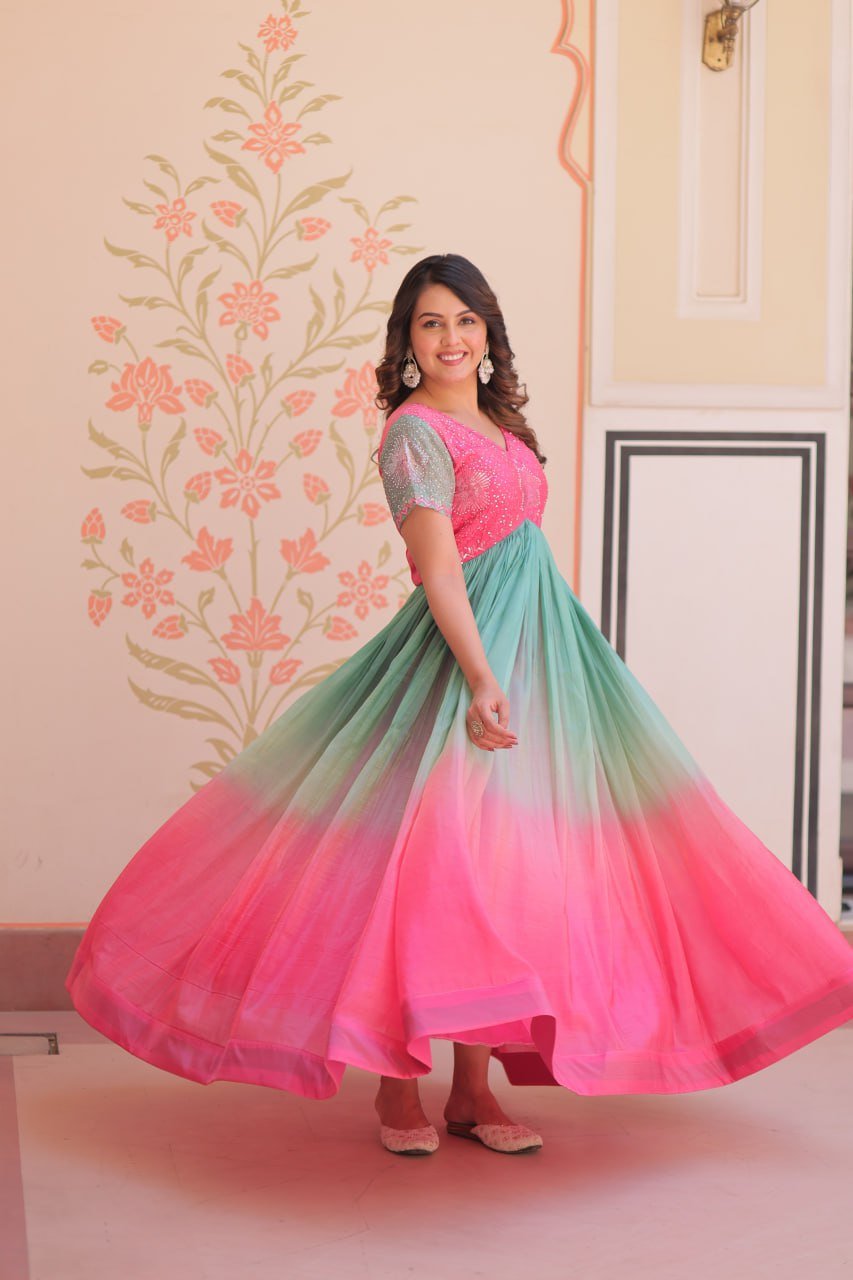 Women's Dual-Tone Ombre Gown in Candy Pink & Aqua Green with Embroidered Bodice – Festive & Contemporary Wear
